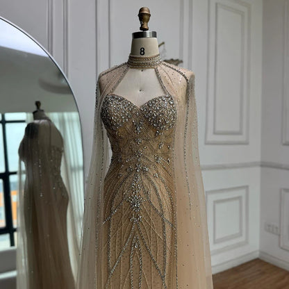 Luxury Turquoise Beaded Cape Sleeve Saudi Arabic Evening Dress LA73136A - SERENE HILL