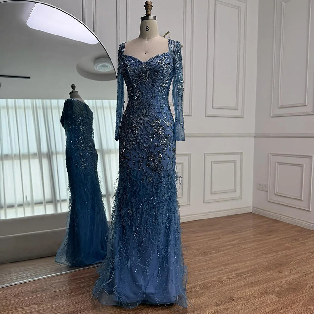 Arabic Blue Feather Beaded Mermaid Evening Dress for Women LA71818 - SERENE HILL