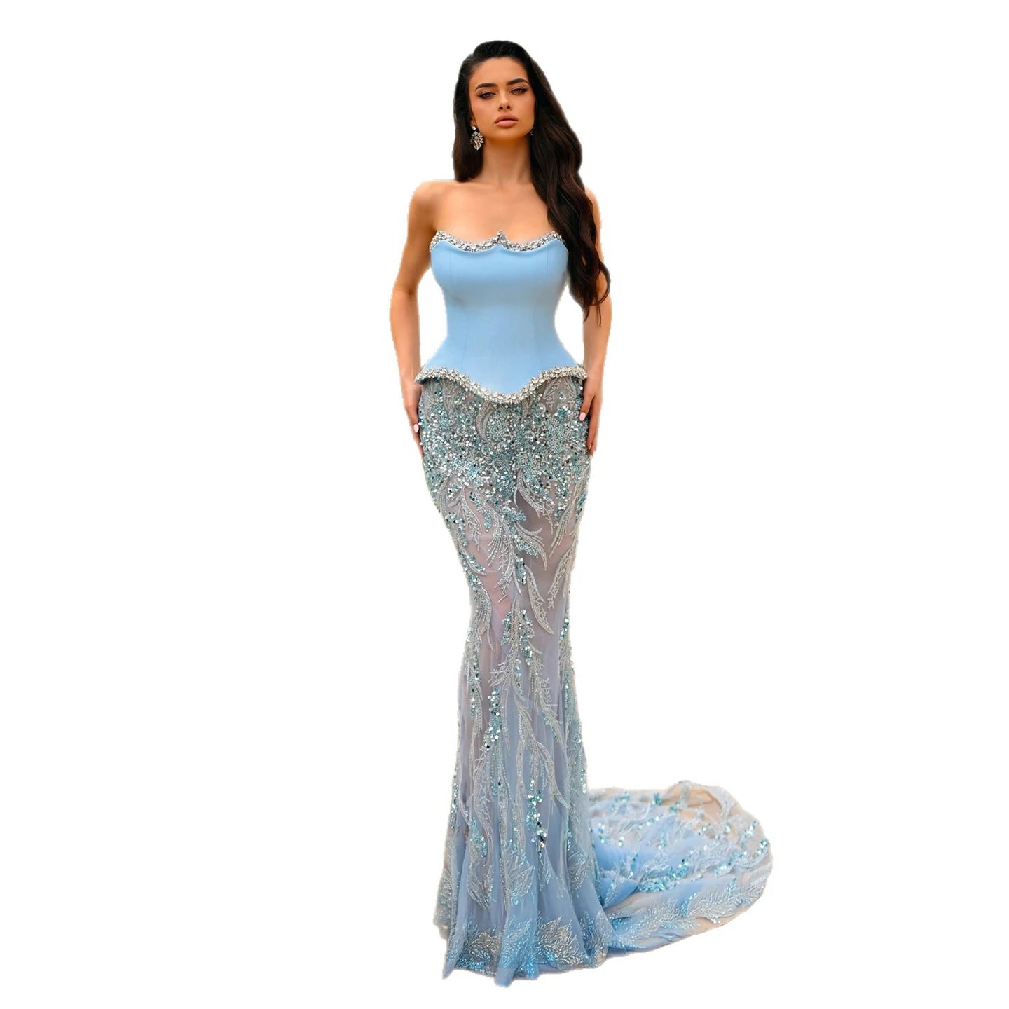 Luxury Blue Strapless Corset Pearls Beaded Mermaid Dress LA73110A - SERENE HILL
