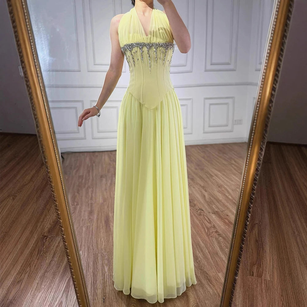 Luxury Designer Sage Green Chiffon Halter Beaded Evening Dress LA73074 - SERENE HILL