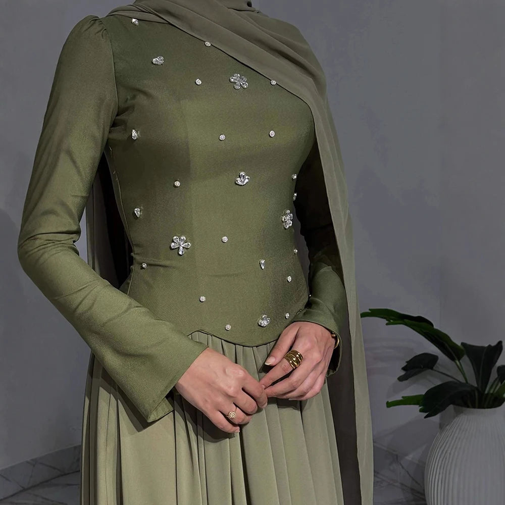 Luxury Olive Green Beaded Evening Dress with Cape LA73217 - SERENE HILL