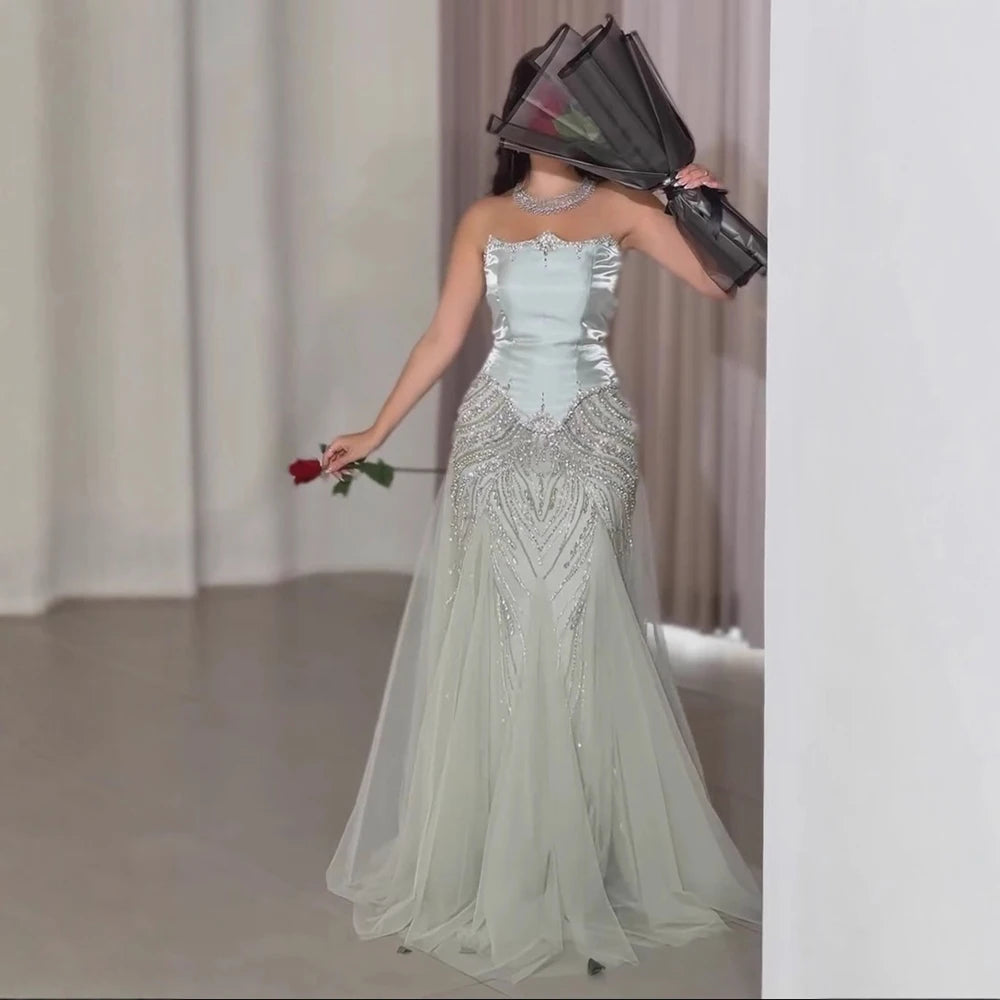 Luxury Sage Green Beaded Mermaid Evening Dress with Balloon Sleeves LA73201 - SERENE HILL