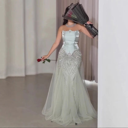 Luxury Sage Green Beaded Mermaid Evening Dress with Balloon Sleeves LA73201 - SERENE HILL