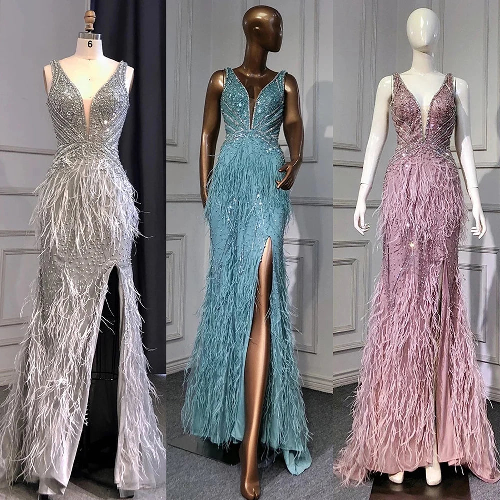 Serene Hill Gold Sexy High Split Mermaid Evening Dresses Gowns Backless Luxury Beaded Feather 2025 For Women Party LA71583 - SERENE HILL
