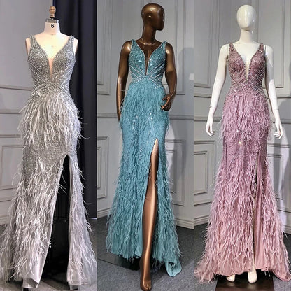 Serene Hill Gold Sexy High Split Mermaid Evening Dresses Gowns Backless Luxury Beaded Feather 2025 For Women Party LA71583 - SERENE HILL