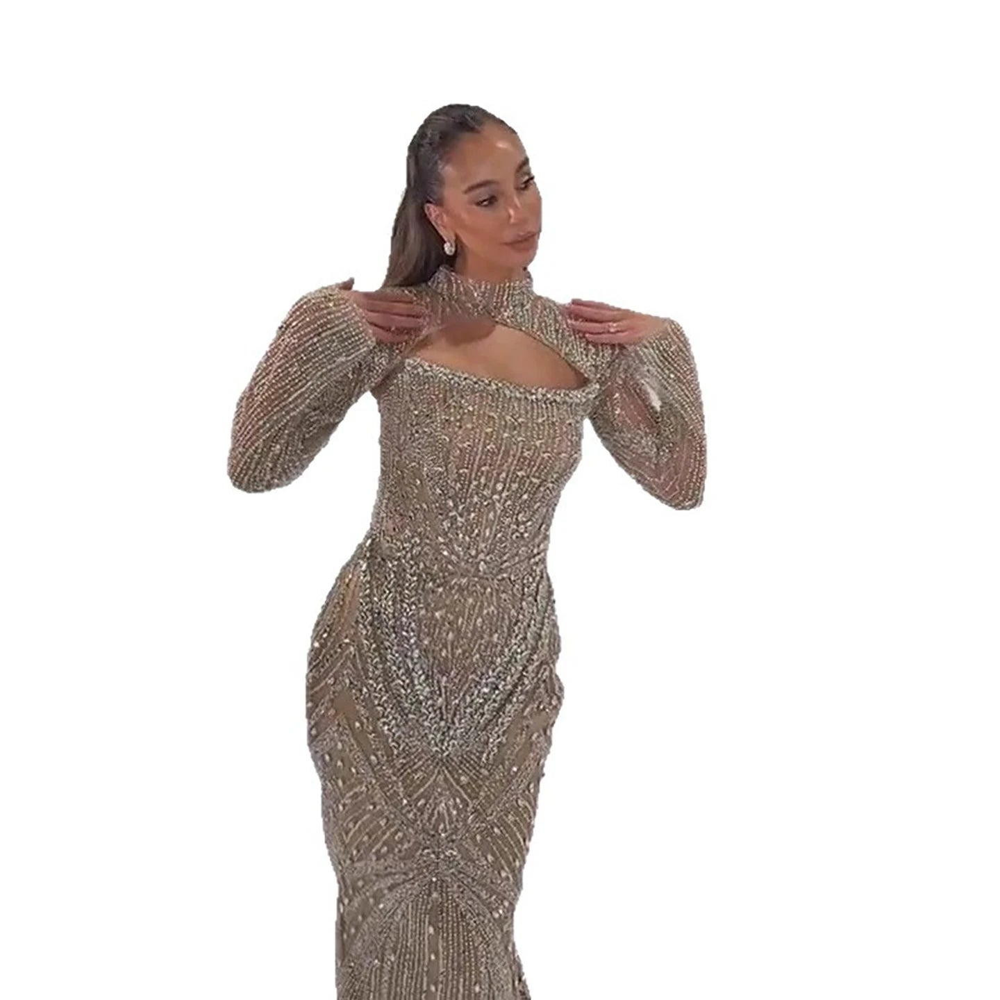 Luxury Arabic Nude Crystal Beaded Mermaid Evening Dress with Jacket LA73376 - SERENE HILL