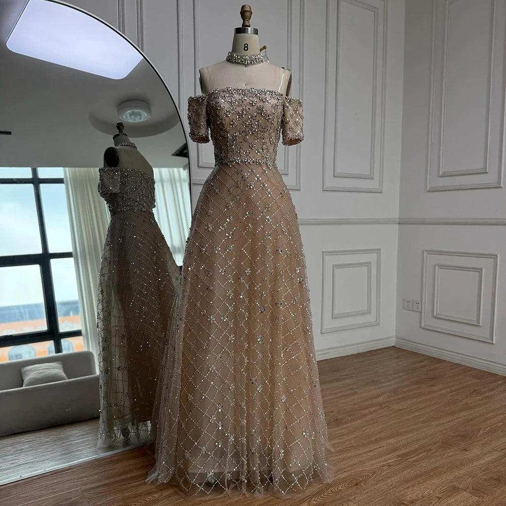 Luxury Nude Sliver Off Shoulder Beaded Crystal A-Line Evening Dress LA73122 - SERENE HILL