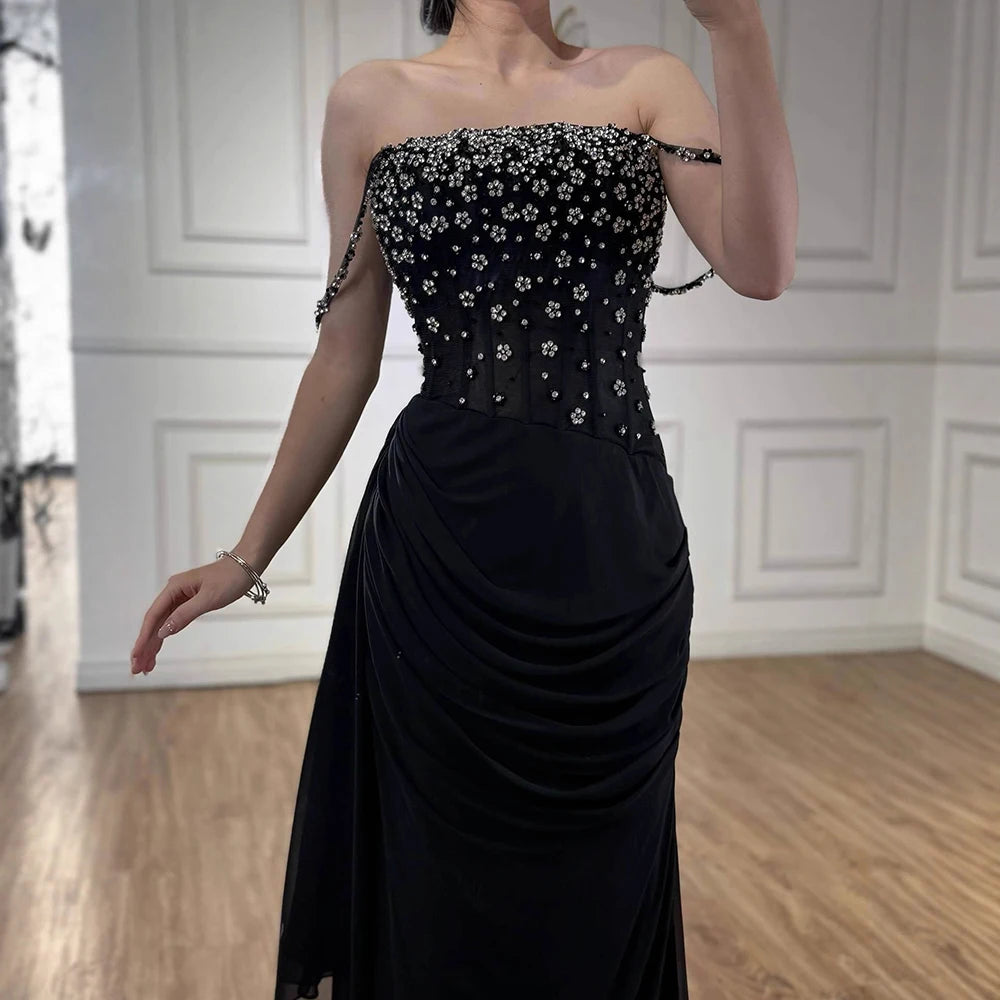 Luxury Black Beaded Mermaid Prom Dress with Spaghetti Straps LA73047 - SERENE HILL
