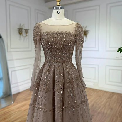 Luxury Caramel A-Line Beaded Evening Dress with Long Sleeves LA73077 - SERENE HILL