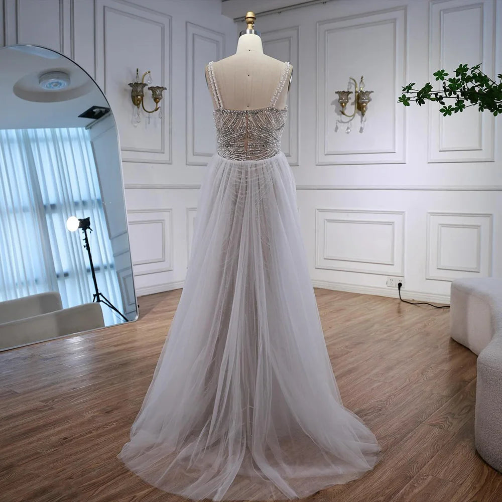 Nude Beaded Arabic Evening Gown with Spaghetti Straps LA72253A - SERENE HILL