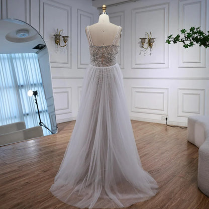 Nude Beaded Arabic Evening Gown with Spaghetti Straps LA72253A - SERENE HILL