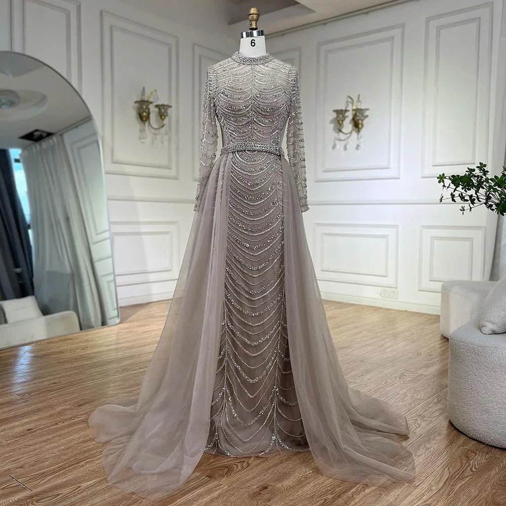 Luxury Caramel Beaded Mermaid Evening Dress with Overskirt LA72362A - SERENE HILL