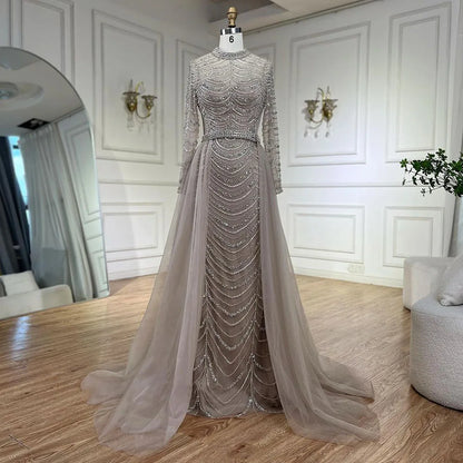 Luxury Caramel Beaded Mermaid Evening Dress with Overskirt LA72362A - SERENE HILL
