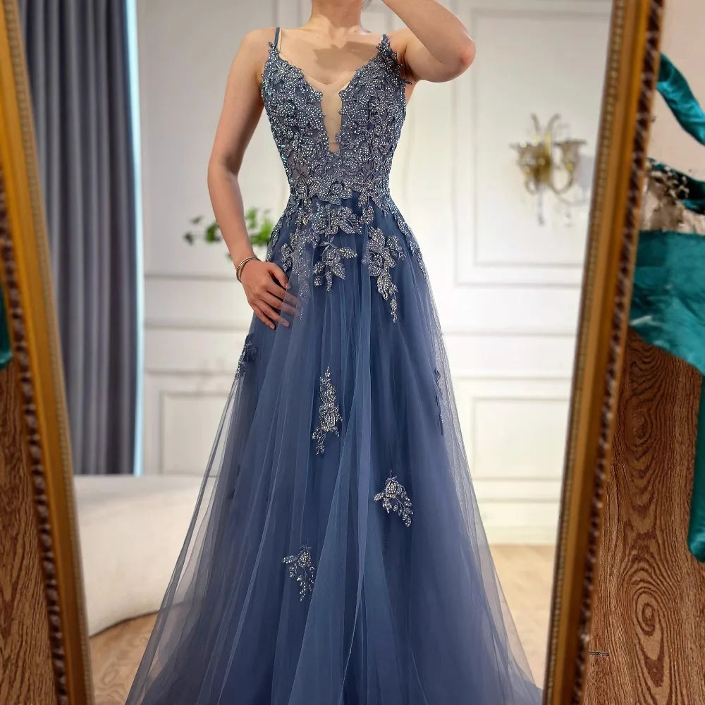 Luxury Sage Green Lace A-Line Prom Dress with Spaghetti Straps LA73005 - SERENE HILL