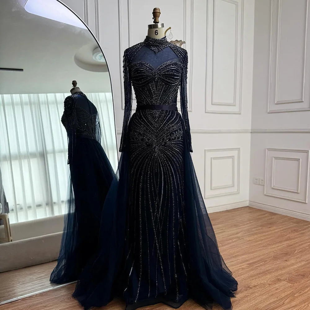 Luxury Nude Modest Beaded Evening Dress Long Sleeves With Overskirt LA72990 - SERENE HILL