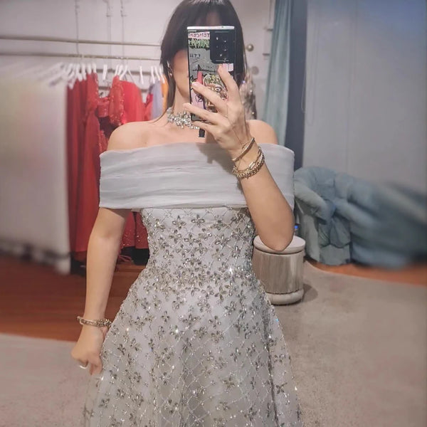 Luxury Silver Gray Turkish Crystal Beaded Evening Dress LA73062A