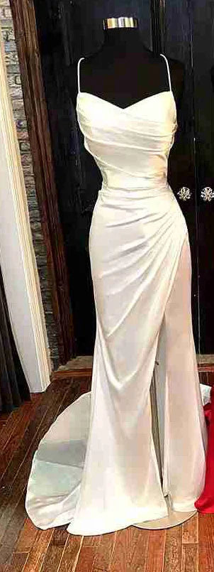 Serene Hill Arabic Red Elegant Spaghetti Strap Pleated Satin Prom Dress with Split for Women&