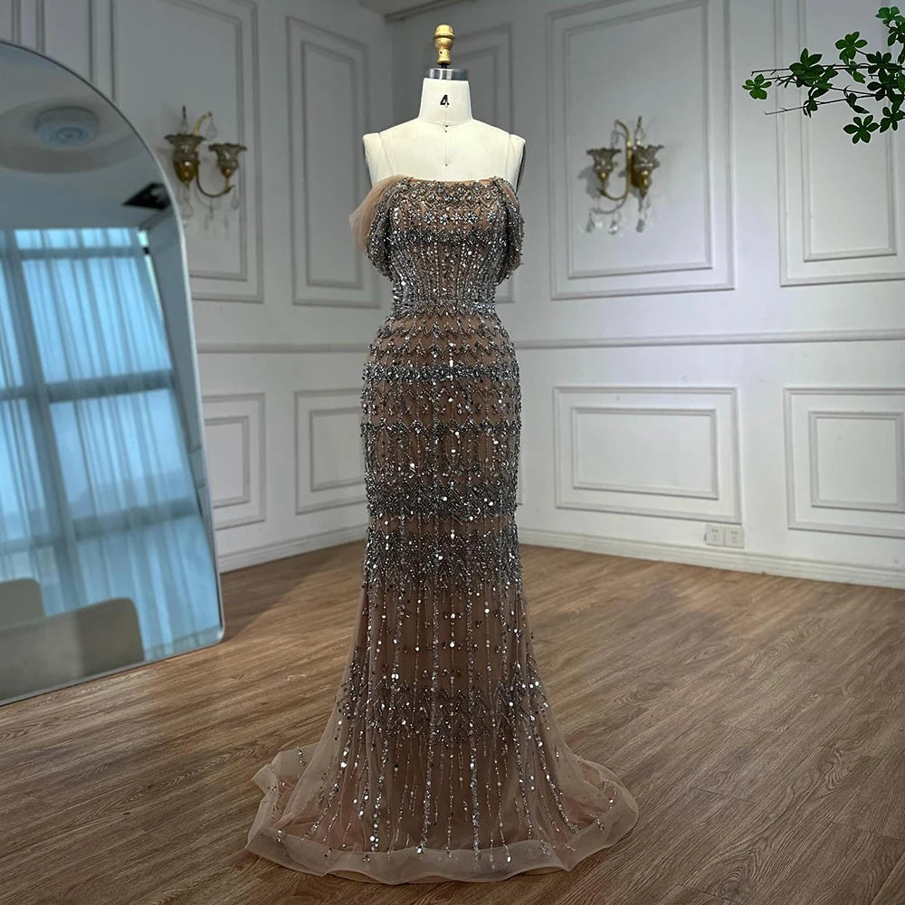 Luxury Dubai White Mermaid Beaded Evening Dress with Cape Sleeves LA72714 - SERENE HILL