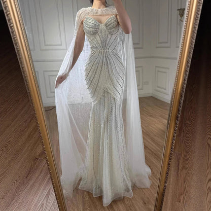 Luxury Blue Beaded Evening Gown with Detachable Cape LA72784 - SERENE HILL