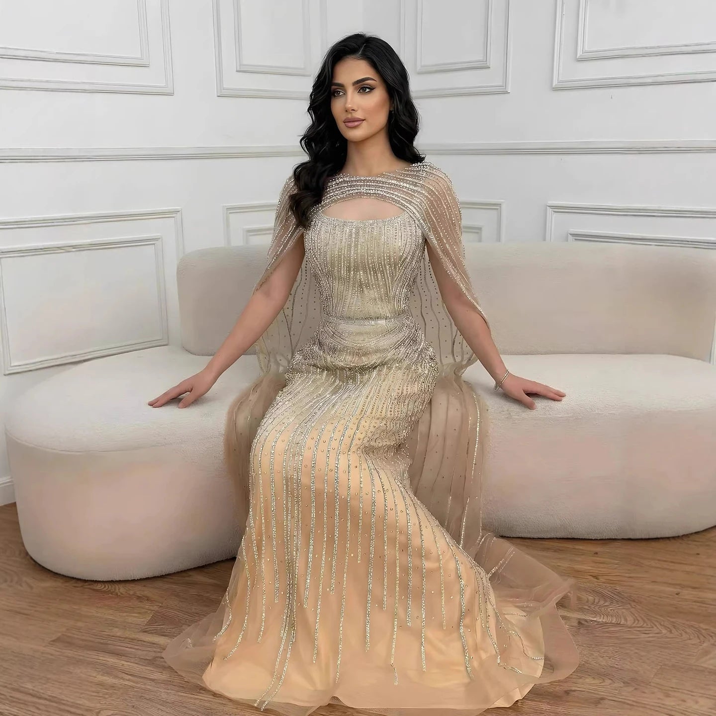 Luxury Blue Diamond Evening Dress With Cape LA73426 - SERENE HILL