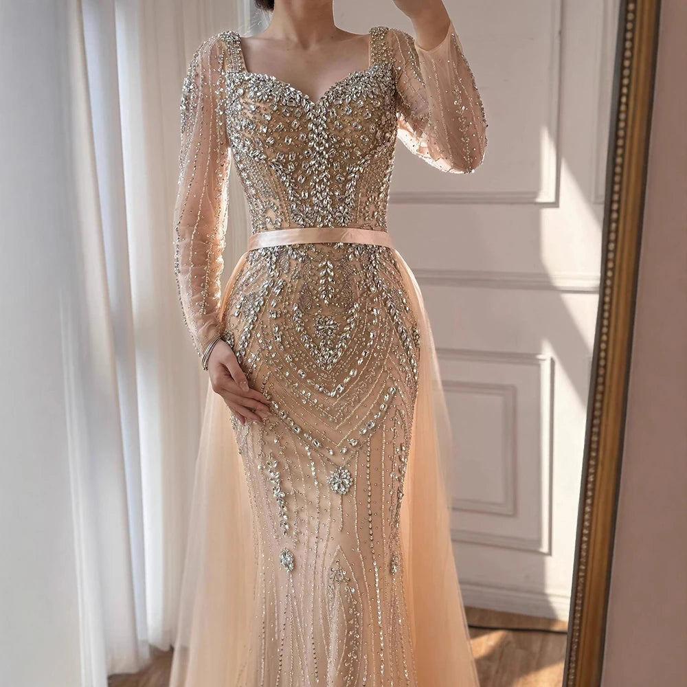 Luxury Nude Beaded Mermaid Evening Dress with Overskirt LA73190 - SERENE HILL