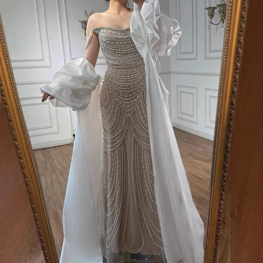 White Nude Beaded Mermaid Evening Dress with Satin Cape LA72253B - SERENE HILL