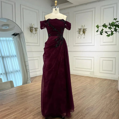 Elegant Wine Red Off Shoulder Lace Evening Dress with Appliques LA73010 - SERENE HILL
