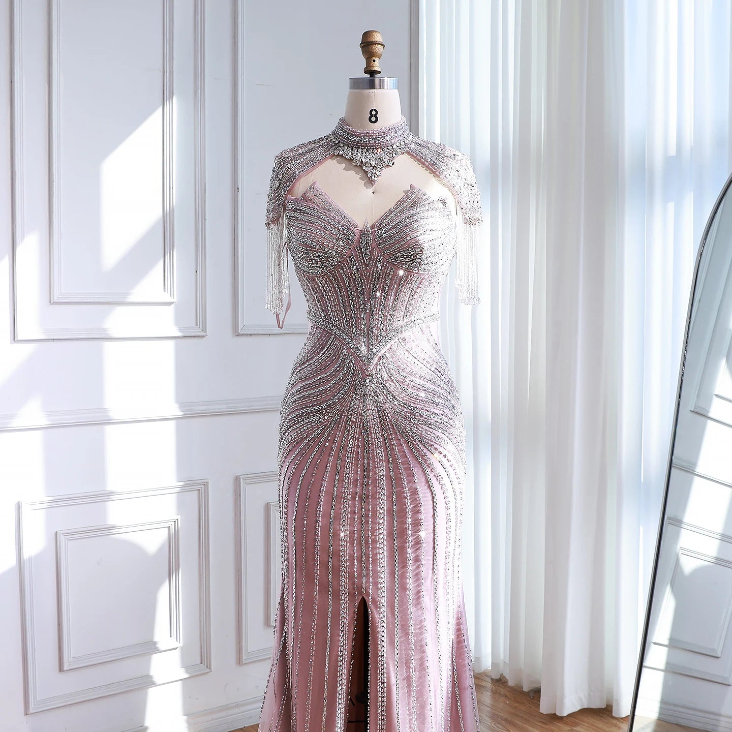 Nude Mermaid Evening Dress with Detachable High Neck Tassel LA72891A - SERENE HILL