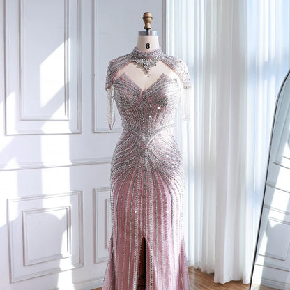 Nude Mermaid Evening Dress with Detachable High Neck Tassel LA72891A - SERENE HILL