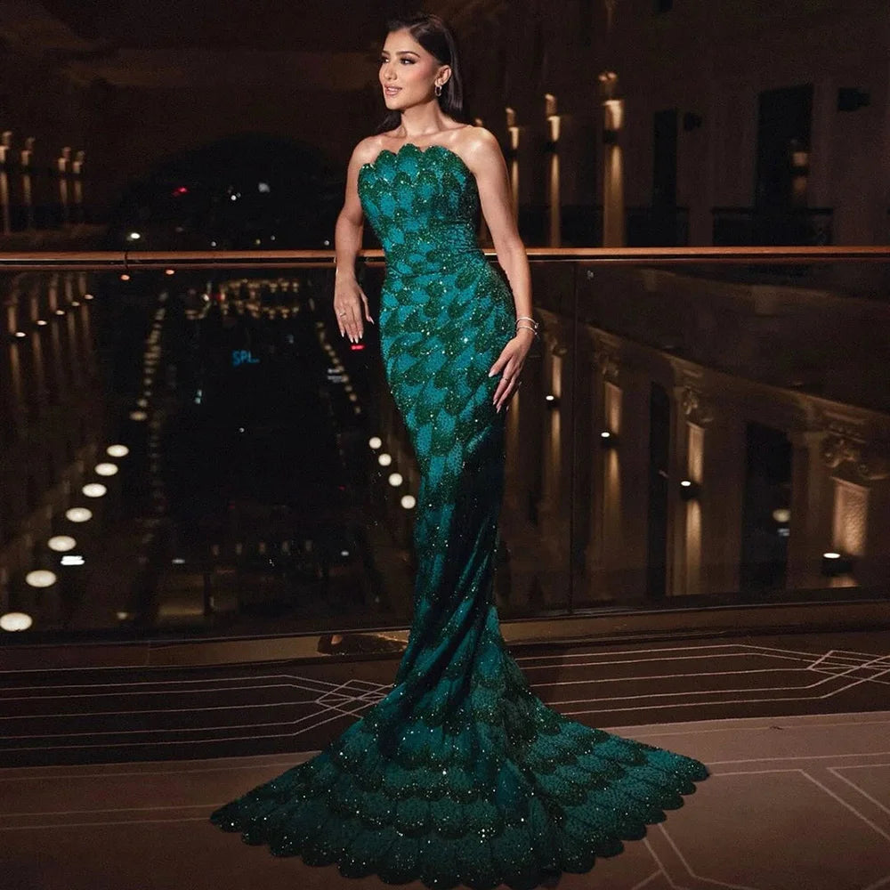 Luxury Arabic Designer Elegant Green Mermaid Evening Dress LA73117 - SERENE HILL