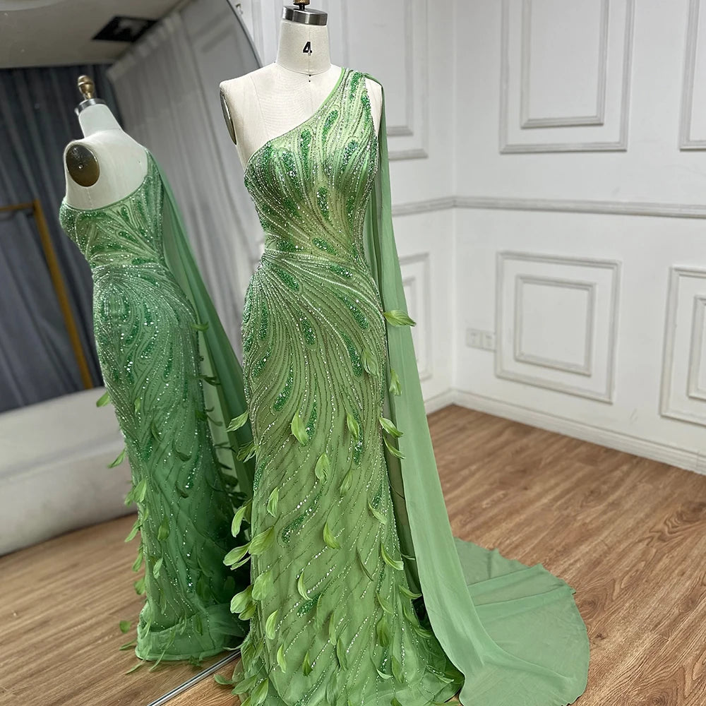 Green One-Shoulder Beaded Feathers Evening Gown with Side Cape Shawl LA72698 - SERENE HILL