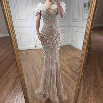 Luxury Pink Feather Halter Beaded Evening Gown for Wedding Party LA73212 - SERENE HILL