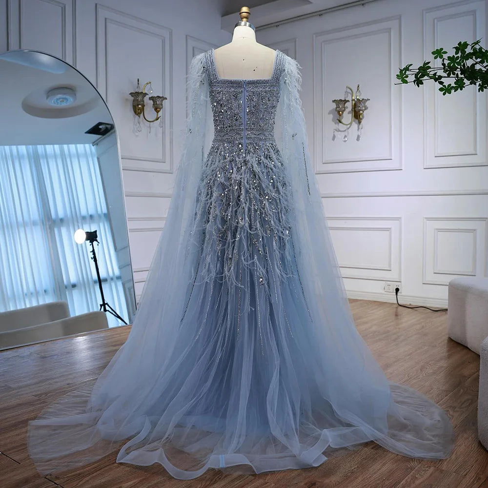 Elegant Blue Beaded Feather A-Line Evening Dress With Cape LA73043 - SERENE HILL