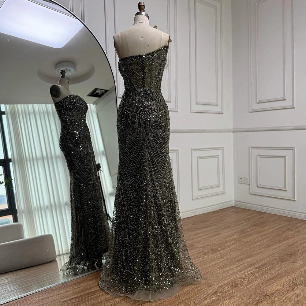 Luxury Olive Green Beaded Mermaid Evening Dress with Detachable Overskirt LA73164A - SERENE HILL