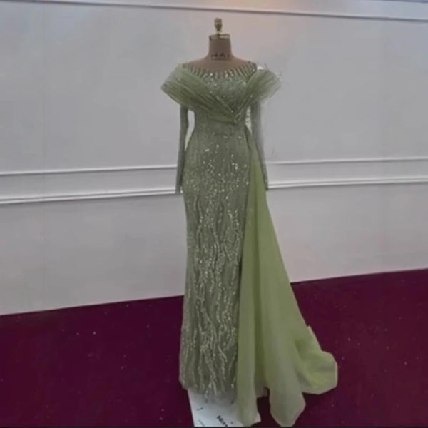 Elegant Sage Green Beaded Evening Dress with Flowing Hem LA72928