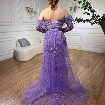Luxury Arabic Nude Mermaid High Split Feather Beaded Evening Dress LA71910 - SERENE HILL