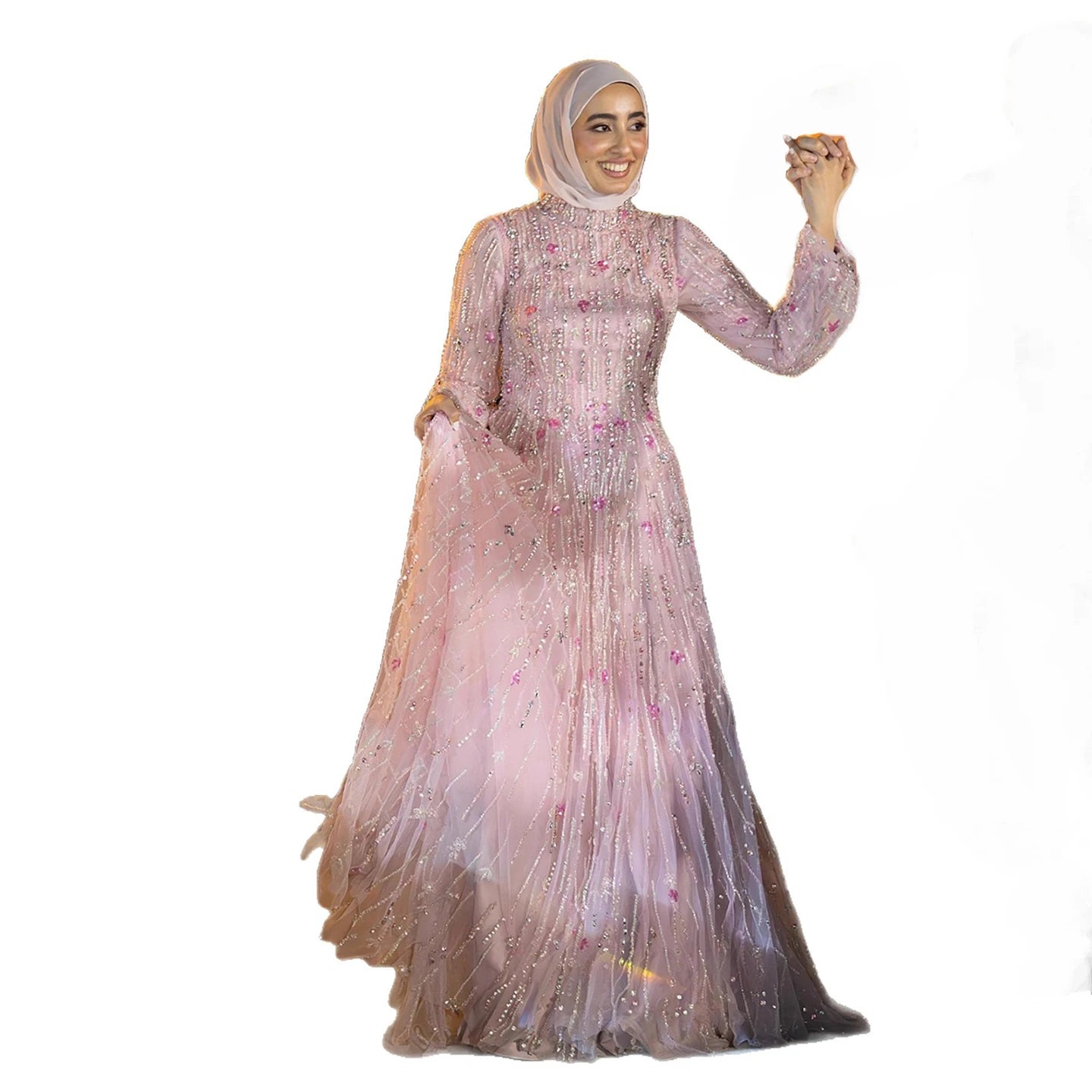 Luxury Pink Arabic Modest Muslim A-Line Crystal Beaded Evening Dress LA73363 - SERENE HILL