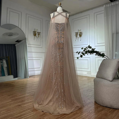 Luxury Nude Cape Sleeves Beaded Crystal Evening Dress LA72806 - SERENE HILL