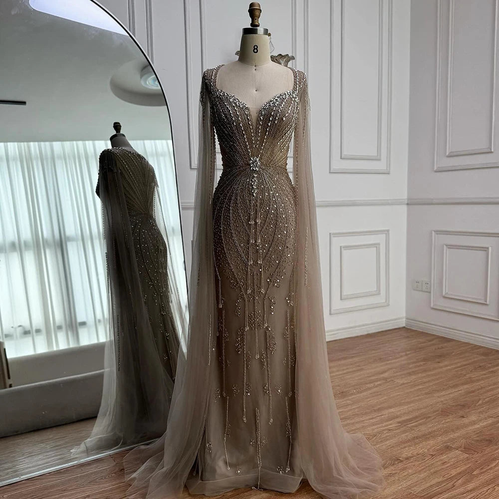 beaded embellishments for dresses Luxury Designer Beige Beaded Evening Dress with Cape Sleeves LA72992 caramel / 6