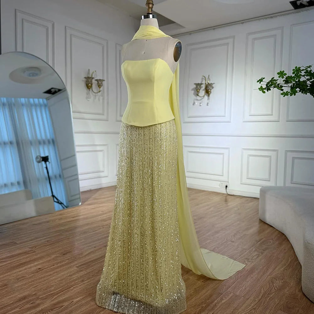 Luxury Yellow Chiffon Mermaid Evening Dress with Cape LA73007 - SERENE HILL