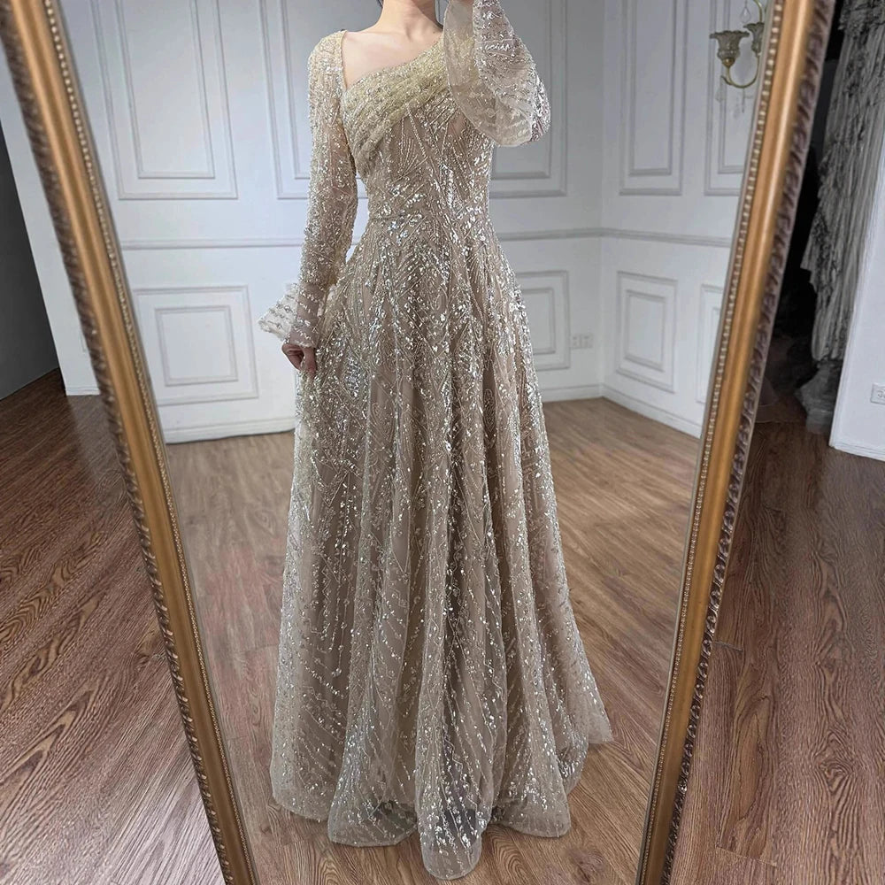 Luxury Turquoise Beaded A-Line Evening Dress with Puffy Sleeves LA73177 - SERENE HILL