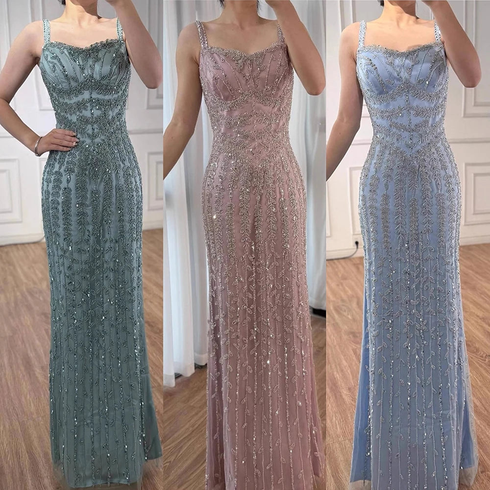 Luxury Arabic Blue Spaghetti Strap Mermaid Evening Dress Beaded LA72725 - SERENE HILL