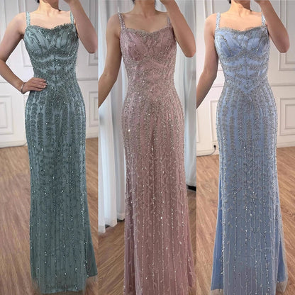 Luxury Arabic Blue Spaghetti Strap Mermaid Evening Dress Beaded LA72725 - SERENE HILL