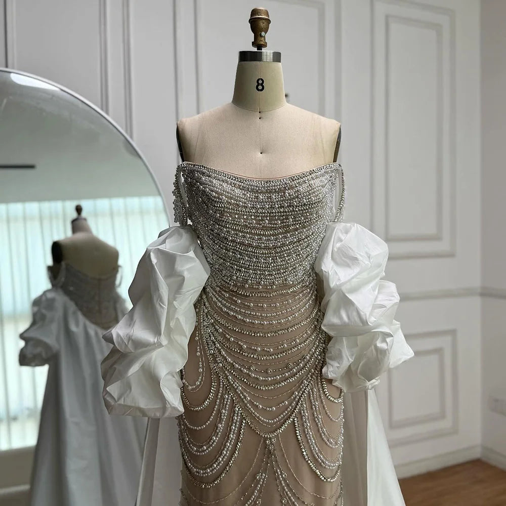 White Nude Beaded Mermaid Evening Dress with Satin Cape LA72253B - SERENE HILL