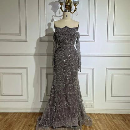 Luxury Pearls Green Mermaid Evening Dress with Gloves LA72352 Plush Size - SERENE HILL