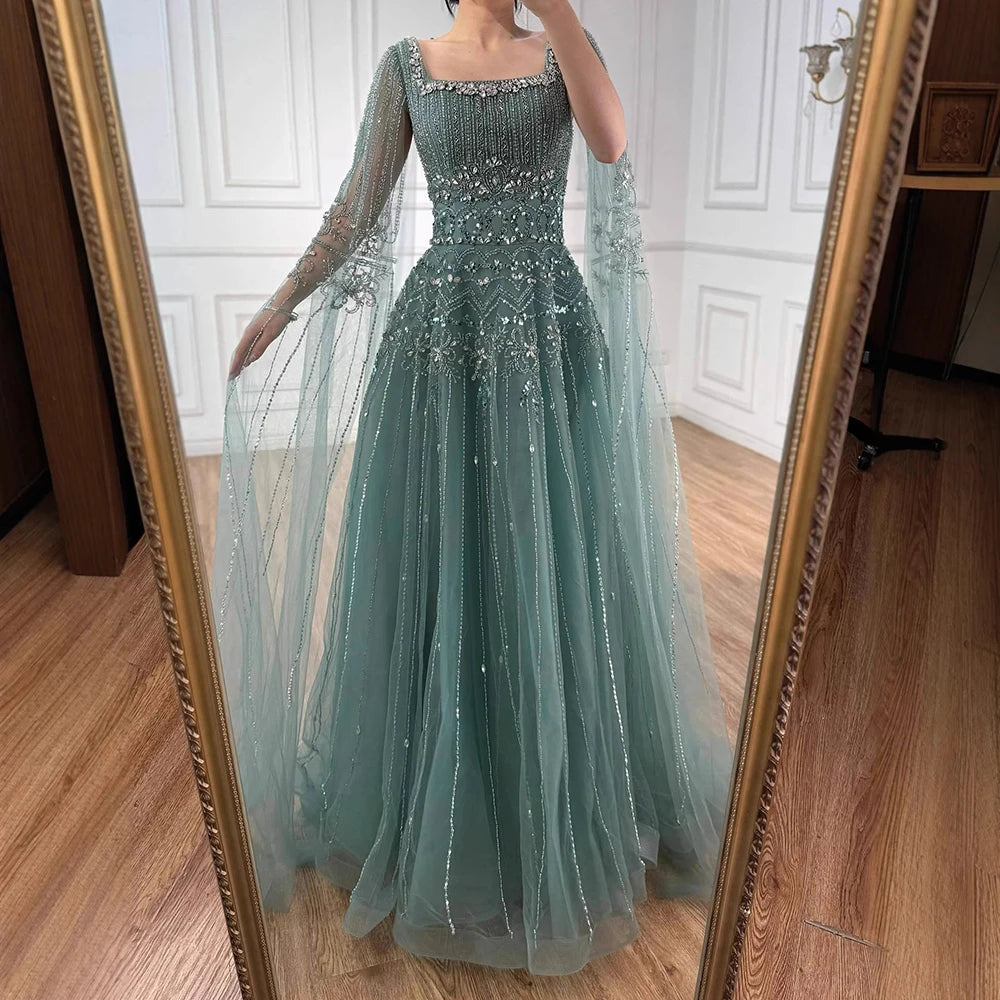 Luxury Caramel A-Line Beaded Evening Dress with Cape Sleeves LA73089A - SERENE HILL