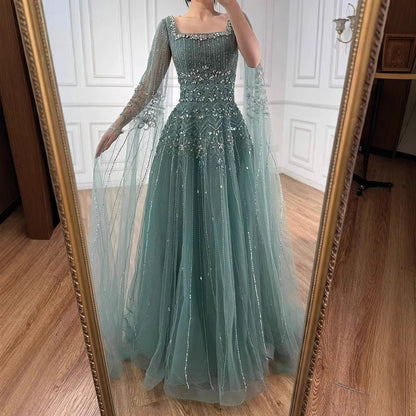 Luxury Caramel A-Line Beaded Evening Dress with Cape Sleeves LA73089A - SERENE HILL