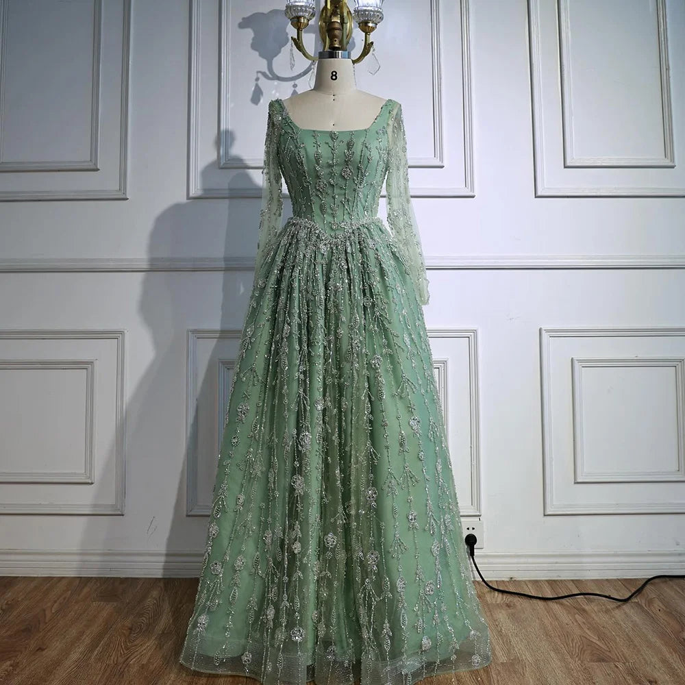 Luxury Sage Green Beaded Evening Dress with Long Sleeves LA72805B - SERENE HILL