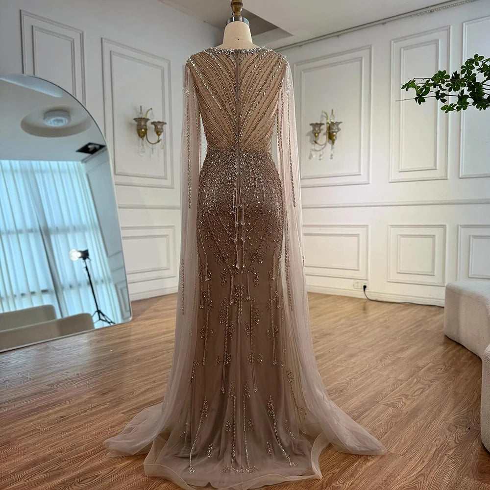 Luxury Designer Beige Beaded Evening Dress with Cape Sleeves LA72992 - SERENE HILL