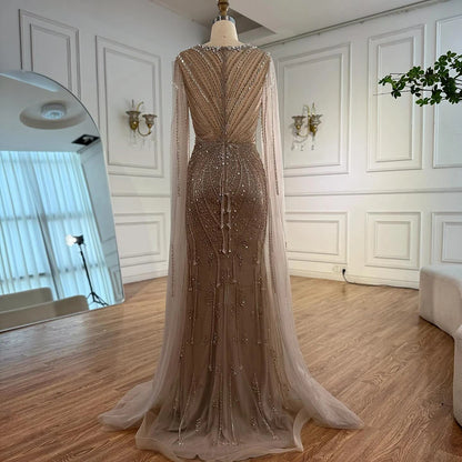 Luxury Designer Beige Beaded Evening Dress with Cape Sleeves LA72992 - SERENE HILL